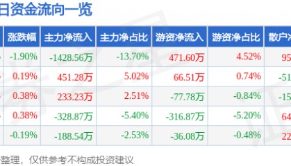 股票行情快报：云南旅游（002059）8月27日主力资金净卖出1428.56万元