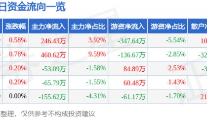 股票行情快报：云南旅游（002059）7月22日主力资金净买入246.43万元
