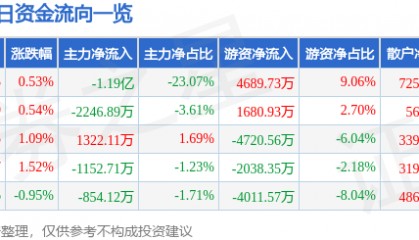 股票行情快报：中国国航（601111）8月20日主力资金净卖出1.19亿元