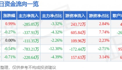 股票行情快报：珠江啤酒（002461）7月9日主力资金净卖出285.05万元