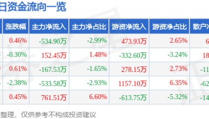 股票行情快报：深圳能源（000027）12月18日主力资金净卖出534.90万元