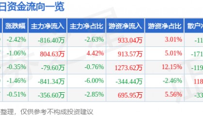 股票行情快报：珠江啤酒（002461）6月13日主力资金净卖出816.40万元