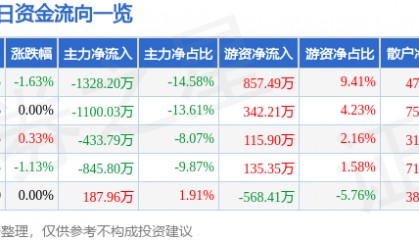 股票行情快报：北京利尔（002392）6月13日主力资金净卖出1328.20万元