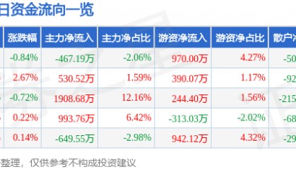 股票行情快报：九洲药业（603456）5月19日主力资金净卖出467.19万元