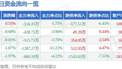 股票行情快报：金陵饭店（601007）6月23日主力资金净卖出516.35万元