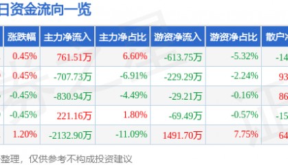股票行情快报：深圳能源（000027）12月12日主力资金净买入761.51万元