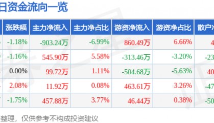 股票行情快报：华纺股份（600448）7月29日主力资金净卖出903.24万元