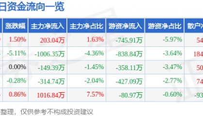 股票行情快报：华纺股份（600448）7月16日主力资金净买入203.04万元