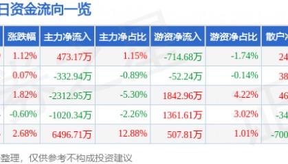 股票行情快报：九洲药业（603456）6月3日主力资金净买入473.17万元