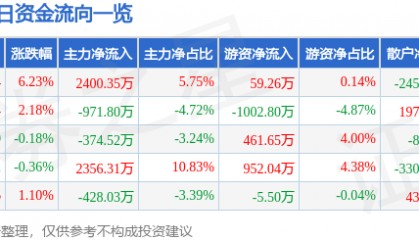 森远股份（300210）8月19日主力资金净买入2400.35万元