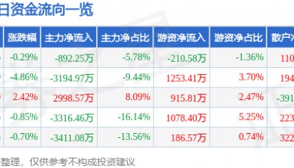股票行情快报：峨眉山Ａ（000888）4月29日主力资金净卖出892.25万元