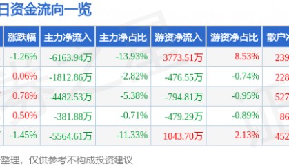 股票行情快报：长盛轴承（300718）6月12日主力资金净卖出6163.94万元