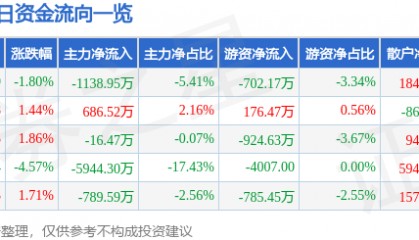 股票行情快报：科大智能（300222）12月30日主力资金净卖出1138.95万元