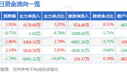 股票行情快报：有研新材（600206）8月20日主力资金净买入4178.60万元