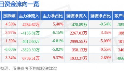 股票行情快报：峨眉山Ａ（000888）4月10日主力资金净买入4284.62万元