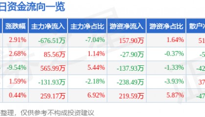 股票行情快报：金陵饭店（601007）4月9日主力资金净卖出676.51万元
