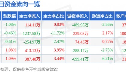 股票行情快报：紫江企业（600210）1月23日主力资金净买入114.11万元