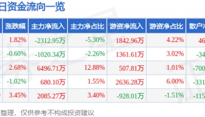 股票行情快报：九洲药业（603456）5月29日主力资金净卖出2312.95万元