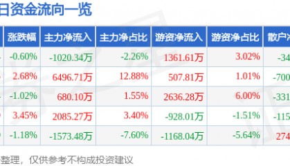 股票行情快报：九洲药业（603456）5月28日主力资金净卖出1020.34万元