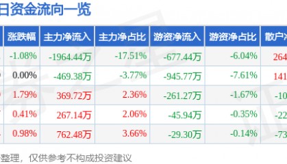 股票行情快报：金陵饭店（601007）5月21日主力资金净卖出1964.44万元