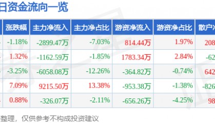 股票行情快报：双鹭药业（002038）8月1日主力资金净卖出2899.47万元