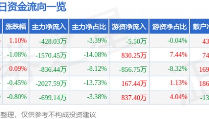 股票行情快报：森远股份（300210）8月13日主力资金净卖出428.03万元