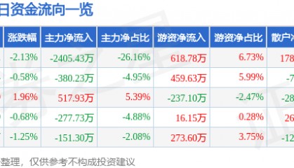 森远股份（300210）9月15日主力资金净卖出2405.43万元