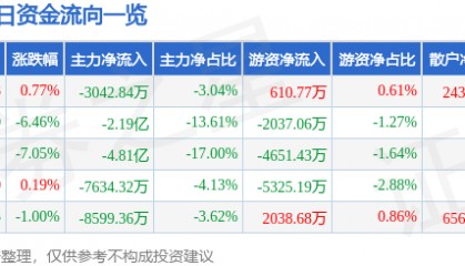 股票行情快报：宗申动力（001696）3月3日主力资金净卖出3042.84万元