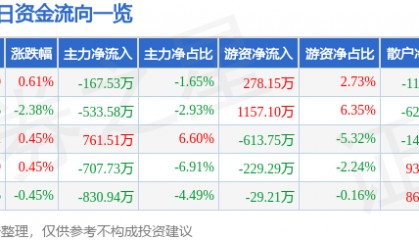 股票行情快报：深圳能源（000027）12月16日主力资金净卖出167.53万元