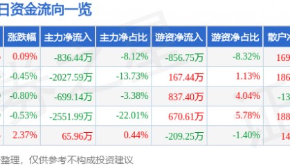股票行情快报：森远股份（300210）8月11日主力资金净卖出836.44万元
