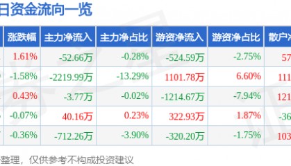 股票行情快报：九洲药业（603456）5月6日主力资金净卖出52.66万元