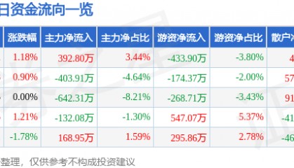 股票行情快报：华纺股份（600448）8月6日主力资金净买入392.80万元