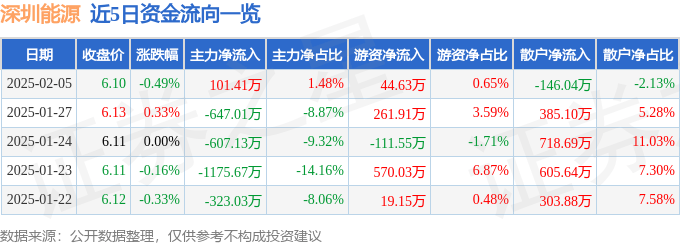 股票行情快报：深圳能源（000027）2月5日主力资金净买入101.41万元