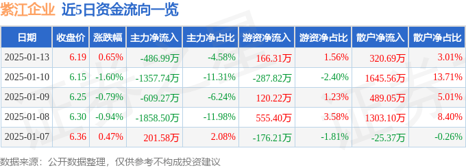 股票行情快报：紫江企业（600210）1月13日主力资金净卖出486.99万元