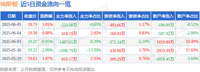 股票行情快报:埃斯顿(002747)6月5日主力资金净卖出223.58万元