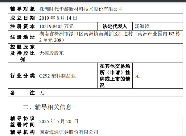 时代新材参股公司时代华鑫开启上市辅导