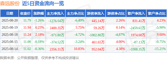股票行情快报：森远股份（300210）8月20日主力资金净卖出1276.54万元