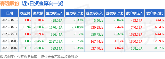 股票行情快报：森远股份（300210）8月13日主力资金净卖出428.03万元