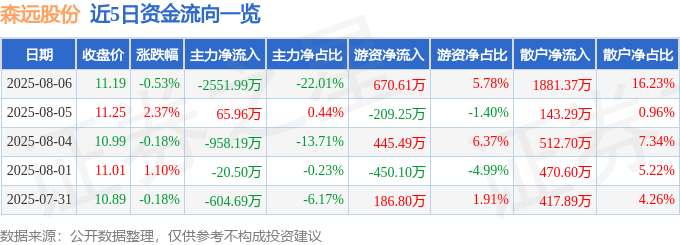 股票行情快报：森远股份（300210）8月6日主力资金净卖出2551.99万元